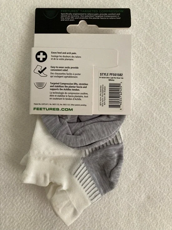 Plantar Fasciitis Relief No-Show Socks - White/Grey, Medium, Unisex - Picture 2 of 6